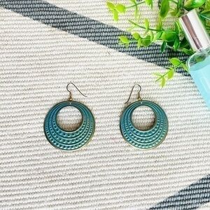Medallion Hook Dangle Earrings Turquoise Boho Embossed Gold Tone Metal Round 2”
